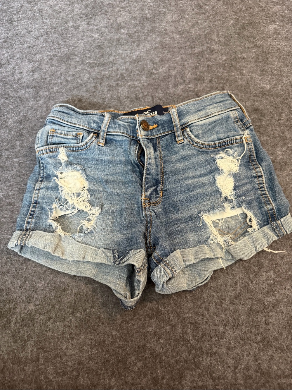 Hollister Light Blue Distressed Rolled Hem Denim Shorts